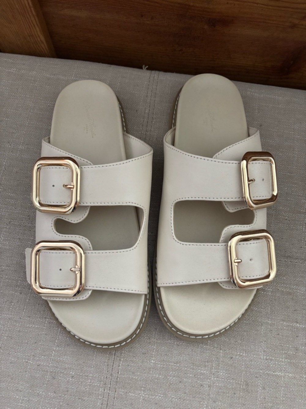Universal Thread Cream Double-Buckle Slide Sandals with Gold Buckles